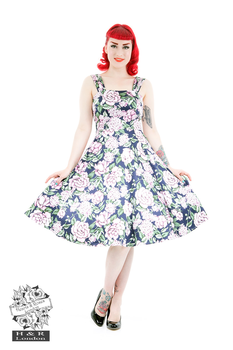 Navy Pink Peony Floral Lilac Swing Dress